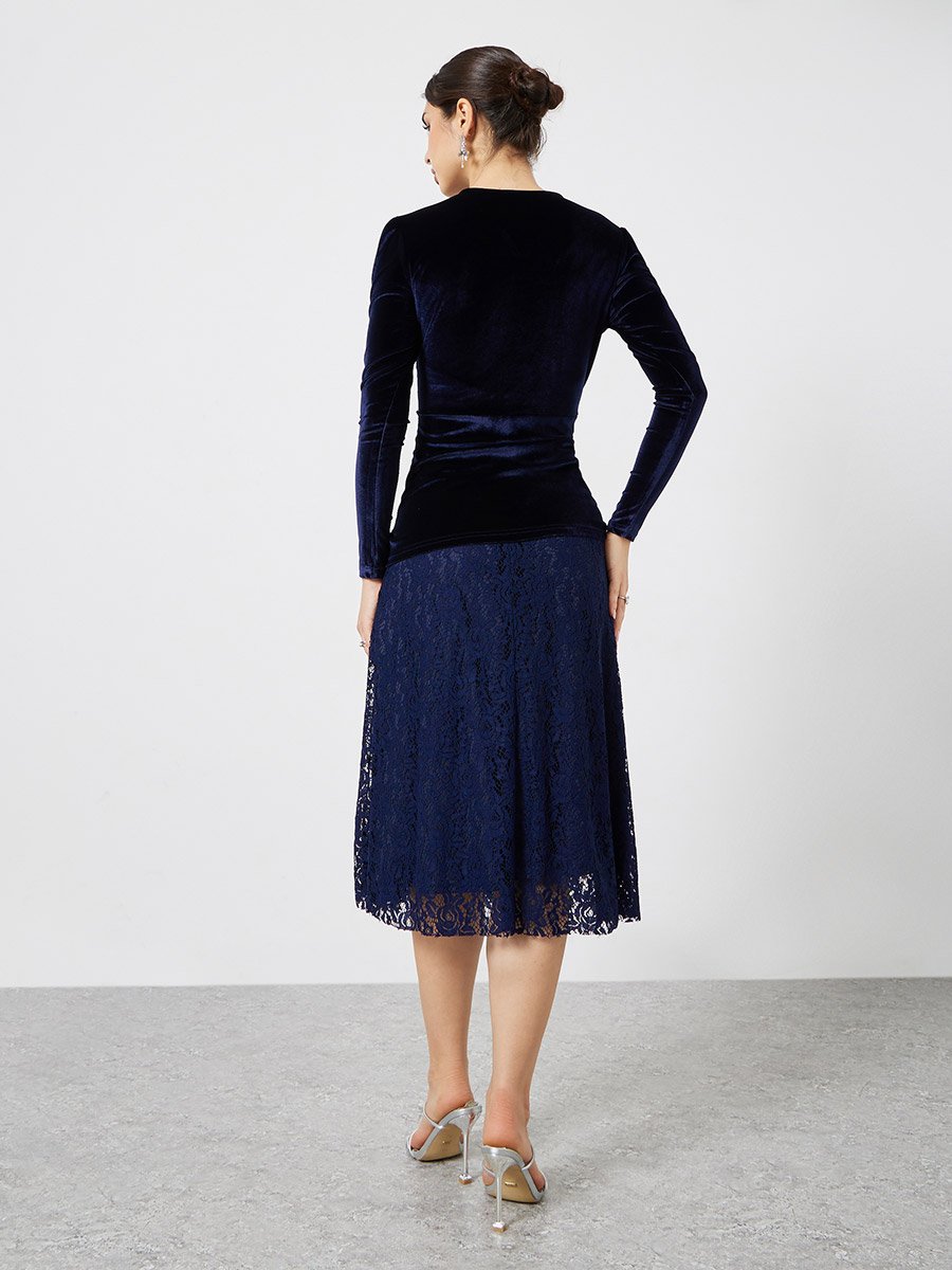 Velvet Lace Hem Wrap Detail Midi Dress