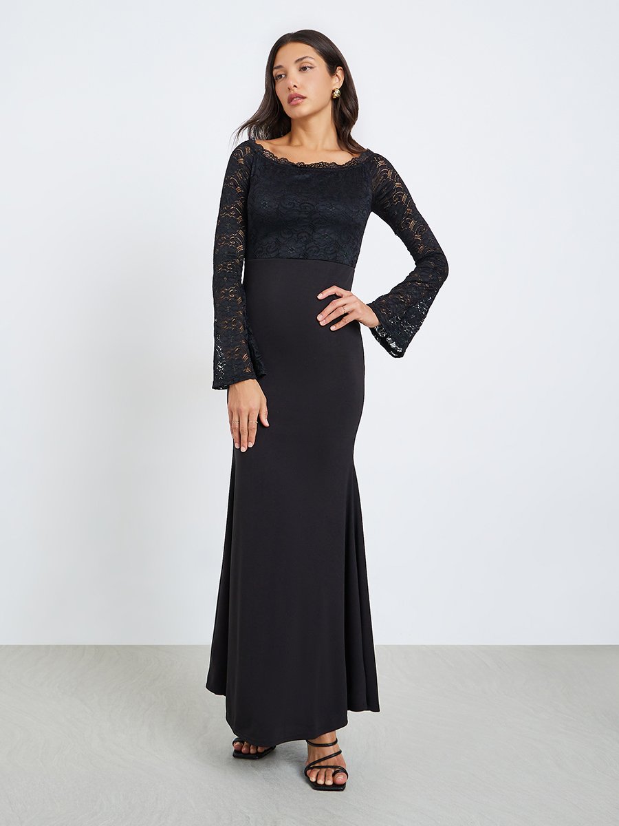 Women Black Lace Off Shoulder Maxi Dress