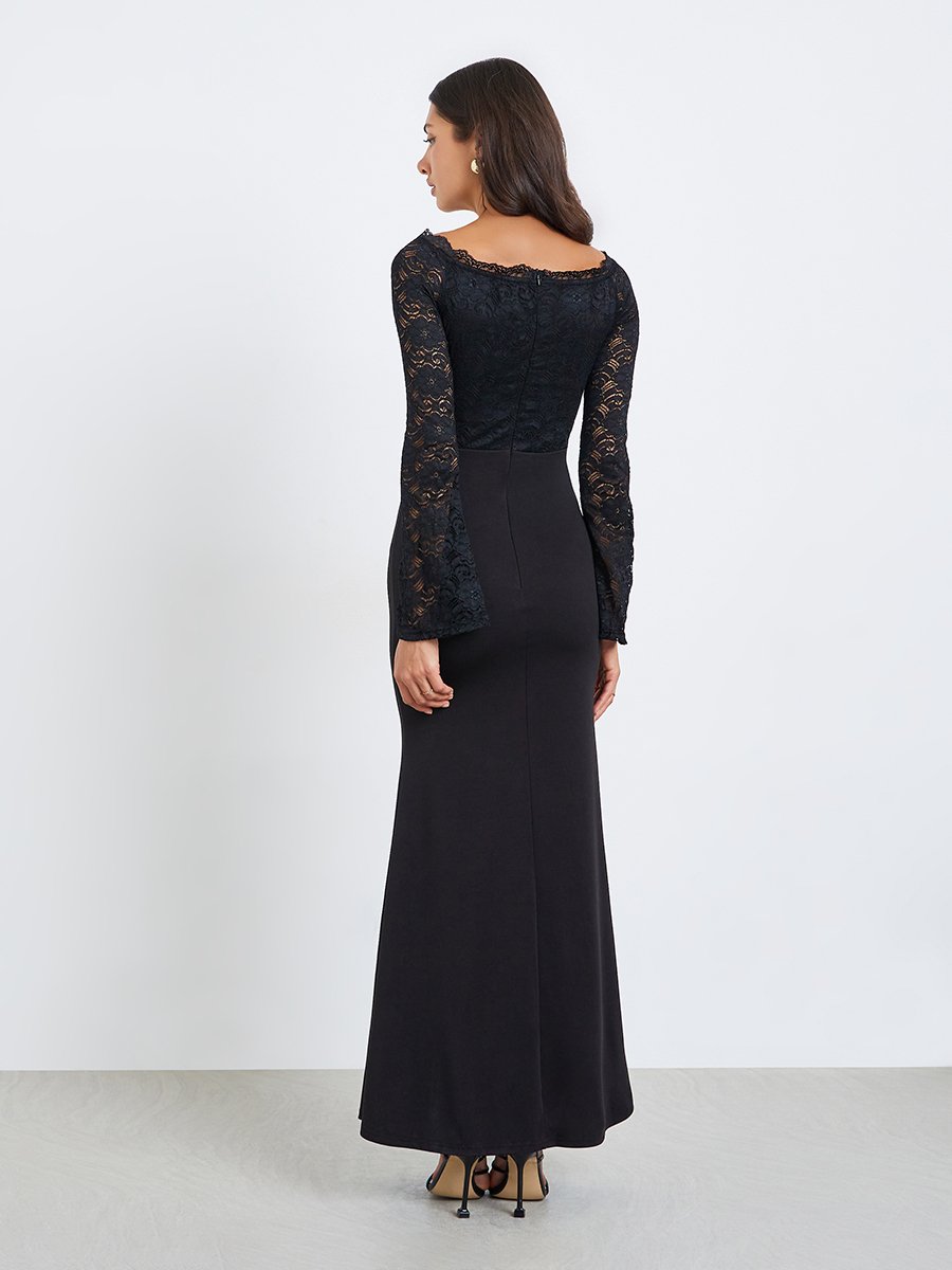 Women Black Lace Off Shoulder Maxi Dress