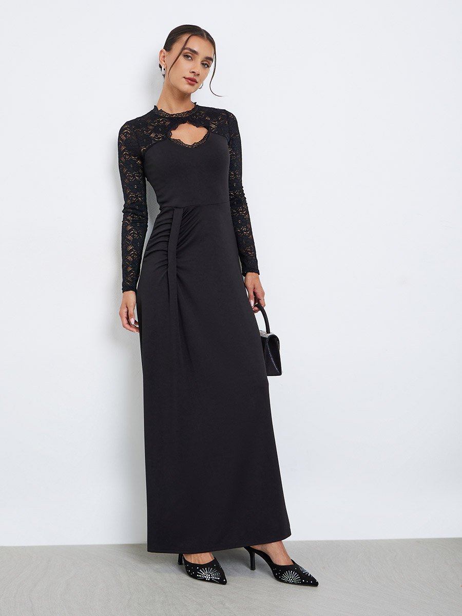  Black Lace Sleeve A-Line Maxi Dress