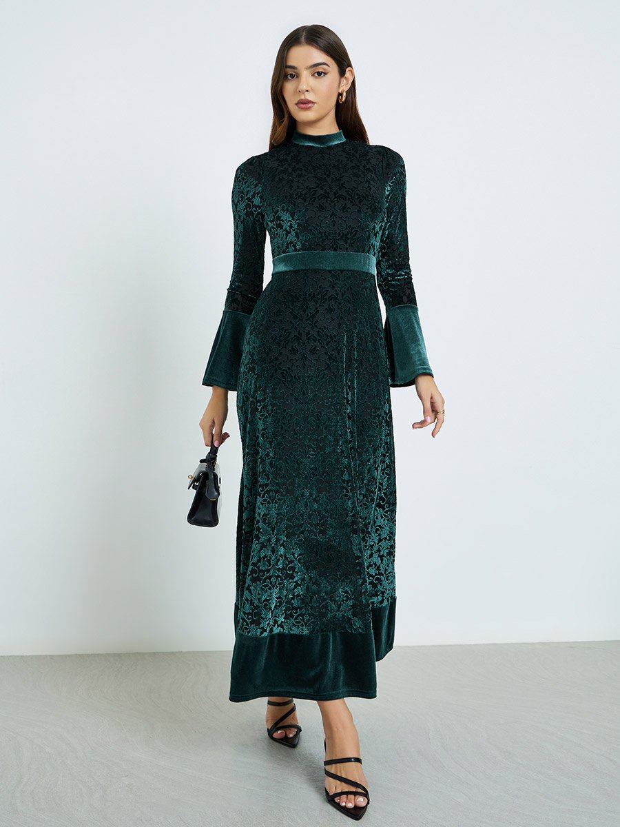 Teal Velvet Look Long Sleeves A-Line Maxi Dress