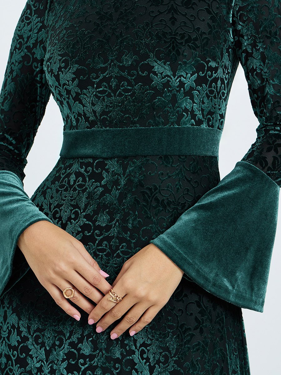 Teal Velvet Look Long Sleeves A-Line Maxi Dress
