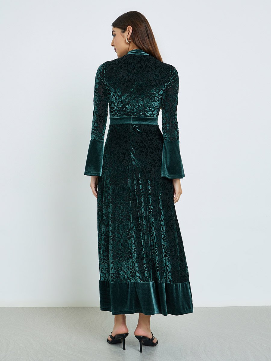 Teal Velvet Look Long Sleeves A-Line Maxi Dress
