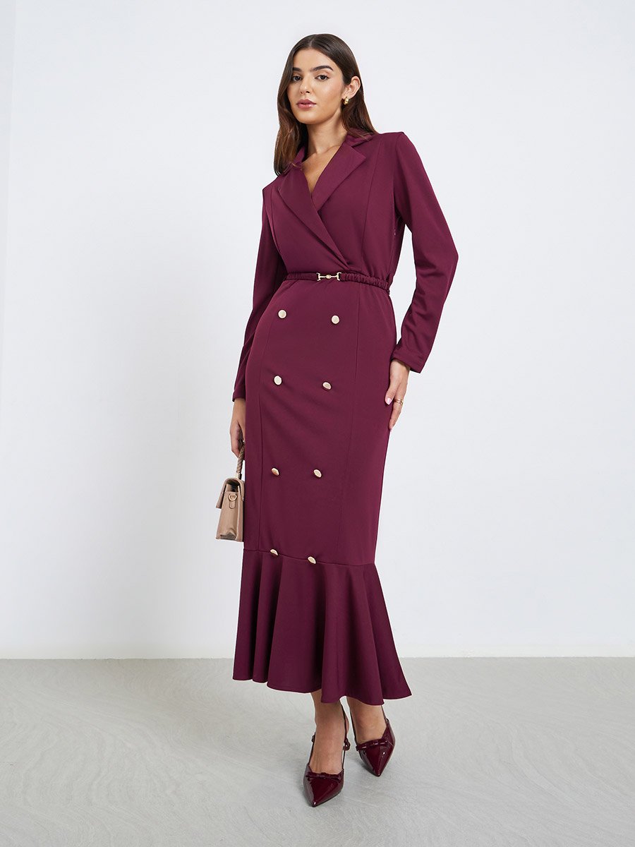 Burgundy Blazer Mermaid Hem Maxi Dress