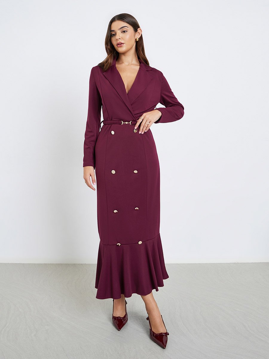 Burgundy Blazer Mermaid Hem Maxi Dress