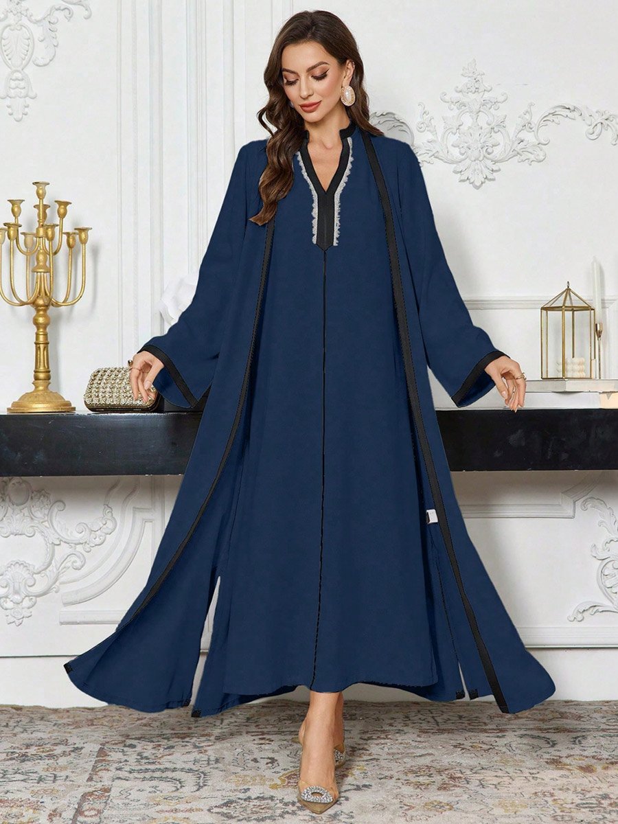 Contrast Trim Open Front Kimono and Inner Dress Modest Set