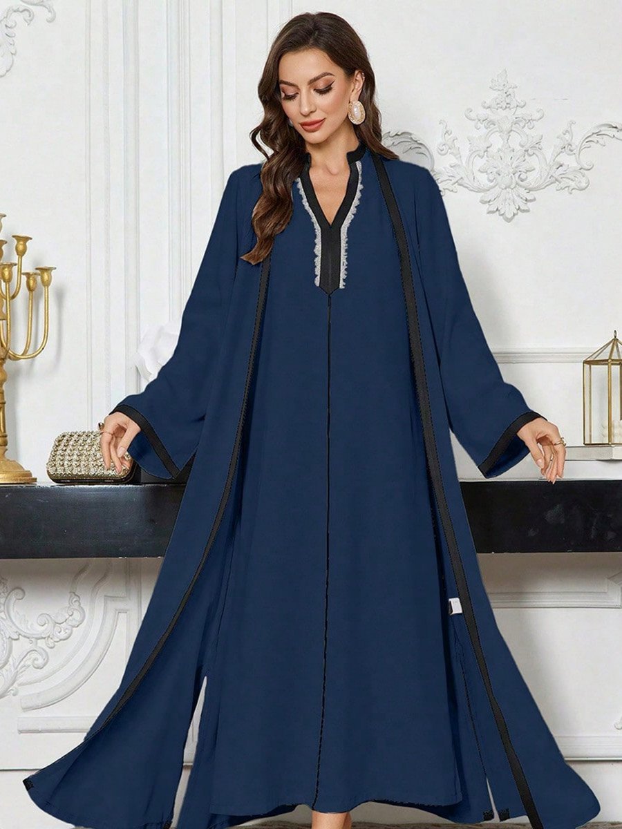 Contrast Trim Open Front Kimono and Inner Dress Modest Set