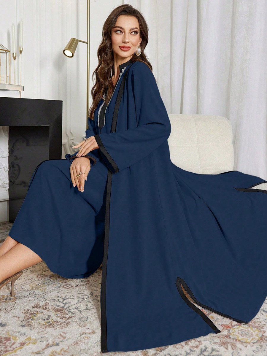 Contrast Trim Open Front Kimono and Inner Dress Modest Set
