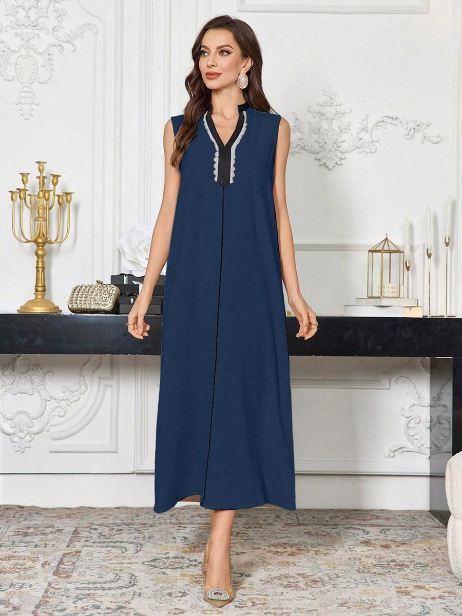Contrast Trim Open Front Kimono and Inner Dress Modest Set