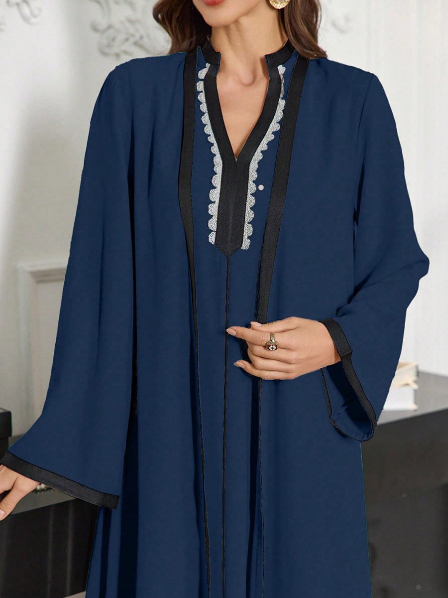 Contrast Trim Open Front Kimono and Inner Dress Modest Set