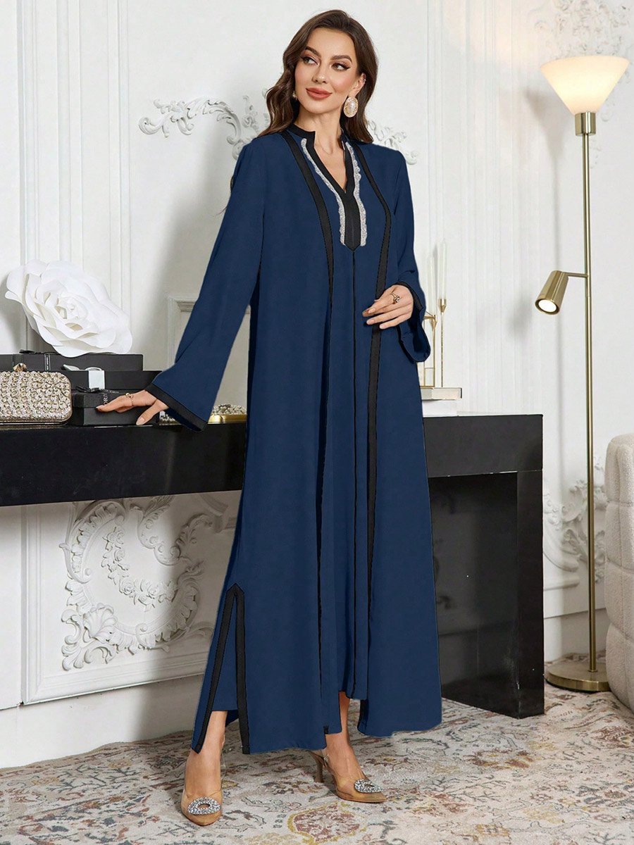Contrast Trim Open Front Kimono and Inner Dress Modest Set