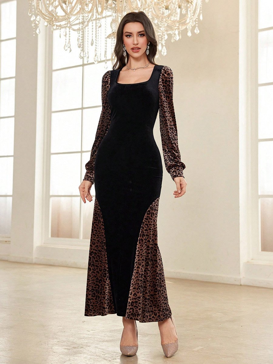 Black Animal Print Bodycon Maxi Dress