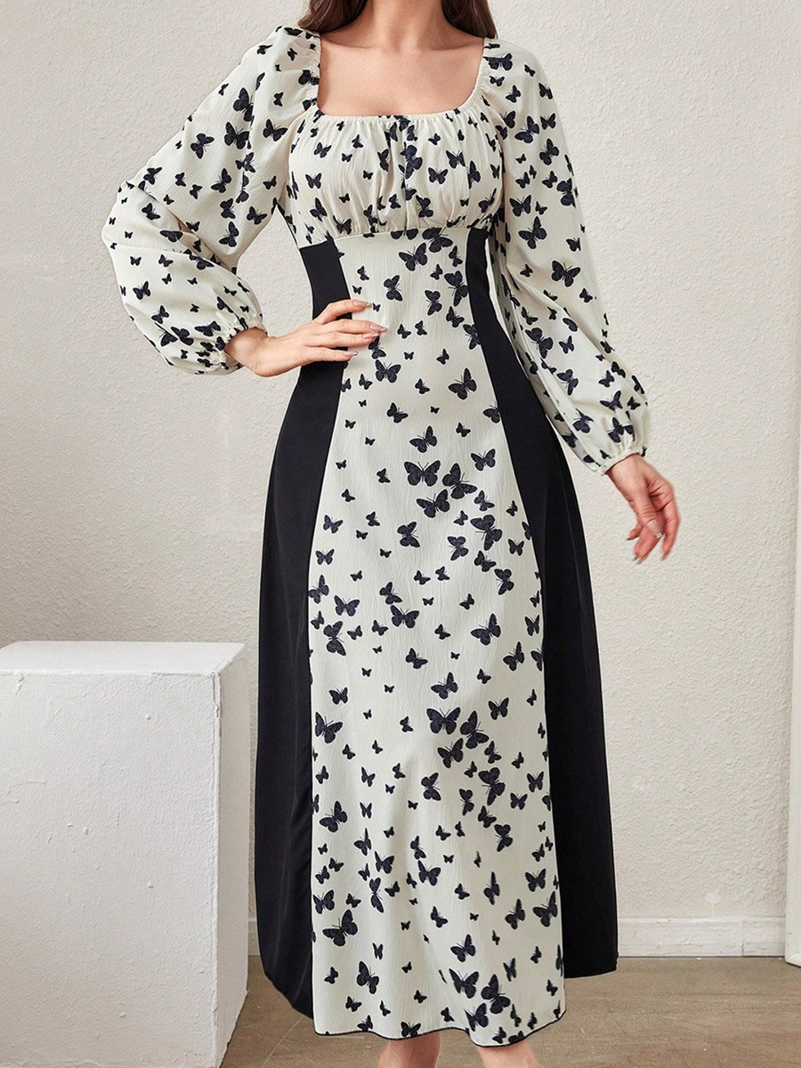 Butterfly Print Balloon Sleeve Midi Dress
