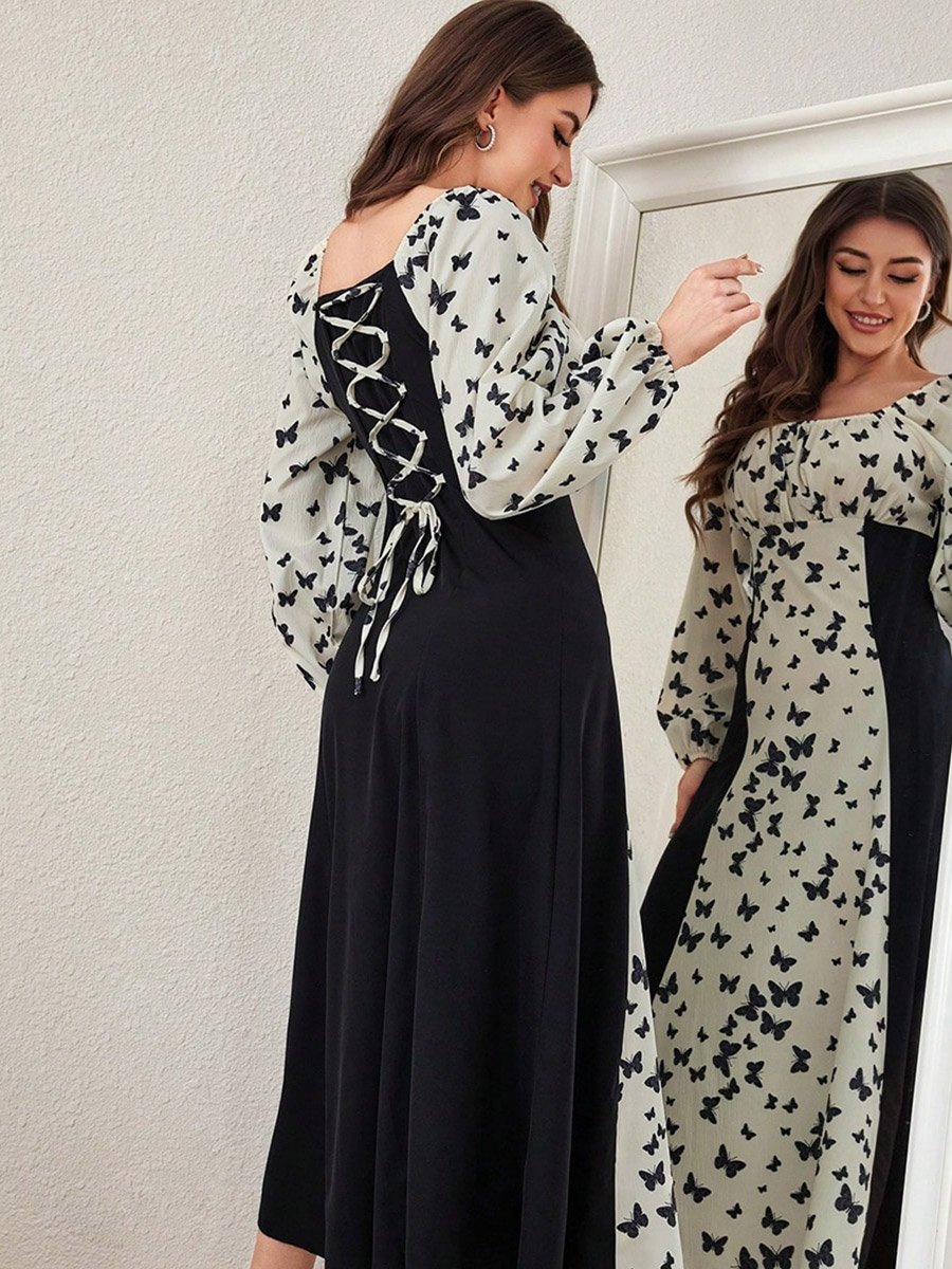 Butterfly Print Balloon Sleeve Midi Dress