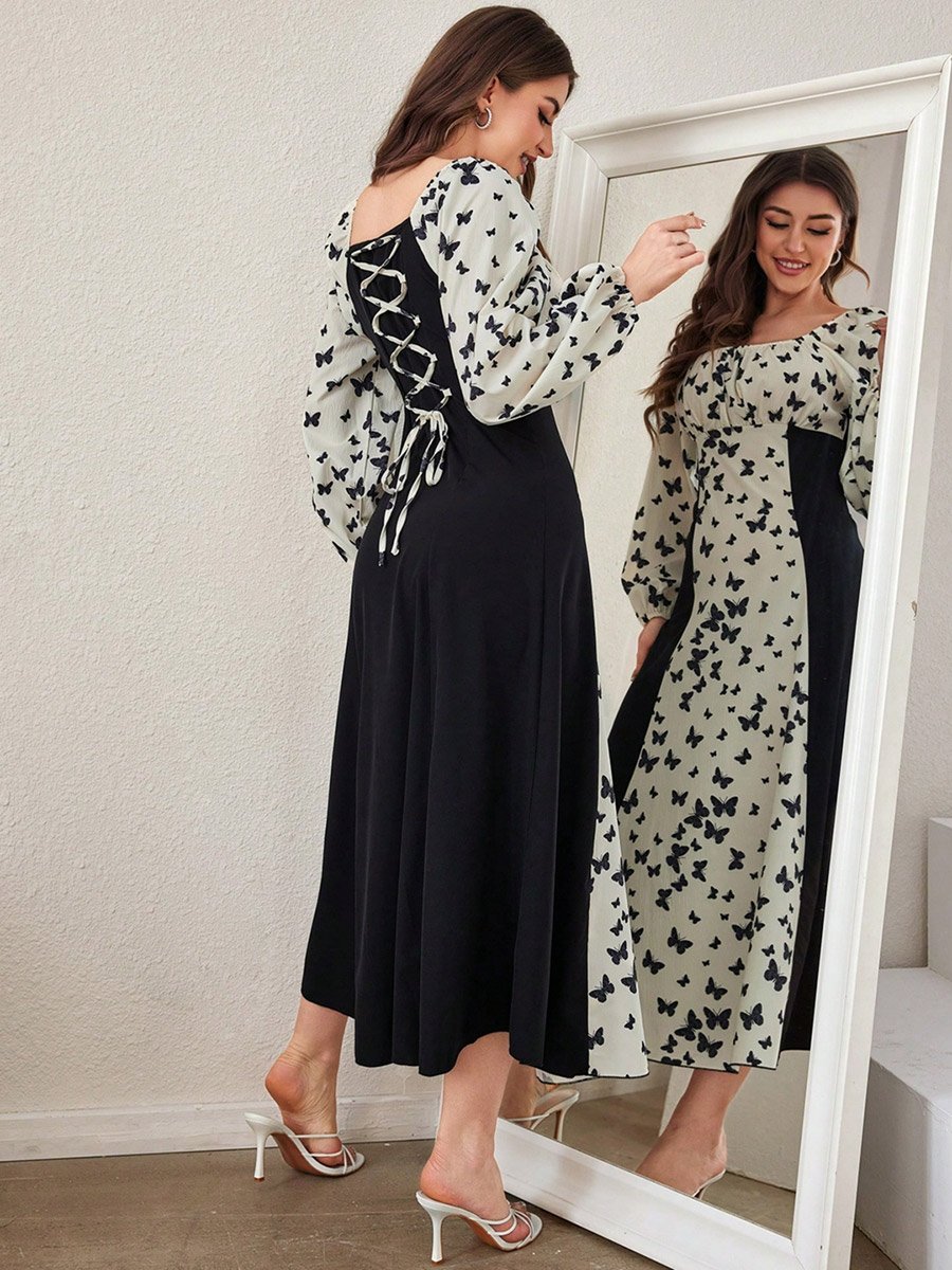 Butterfly Print Balloon Sleeve Midi Dress
