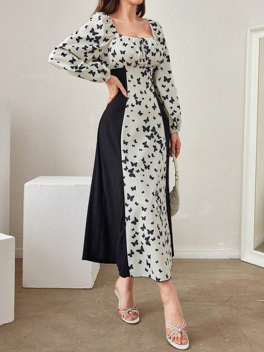 Butterfly Print Balloon Sleeve Midi Dress