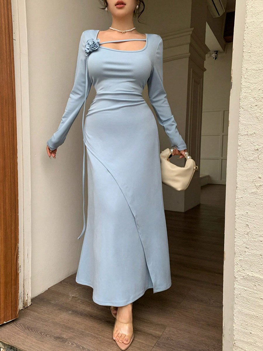 Light Blue Long Sleeves Midi Dress