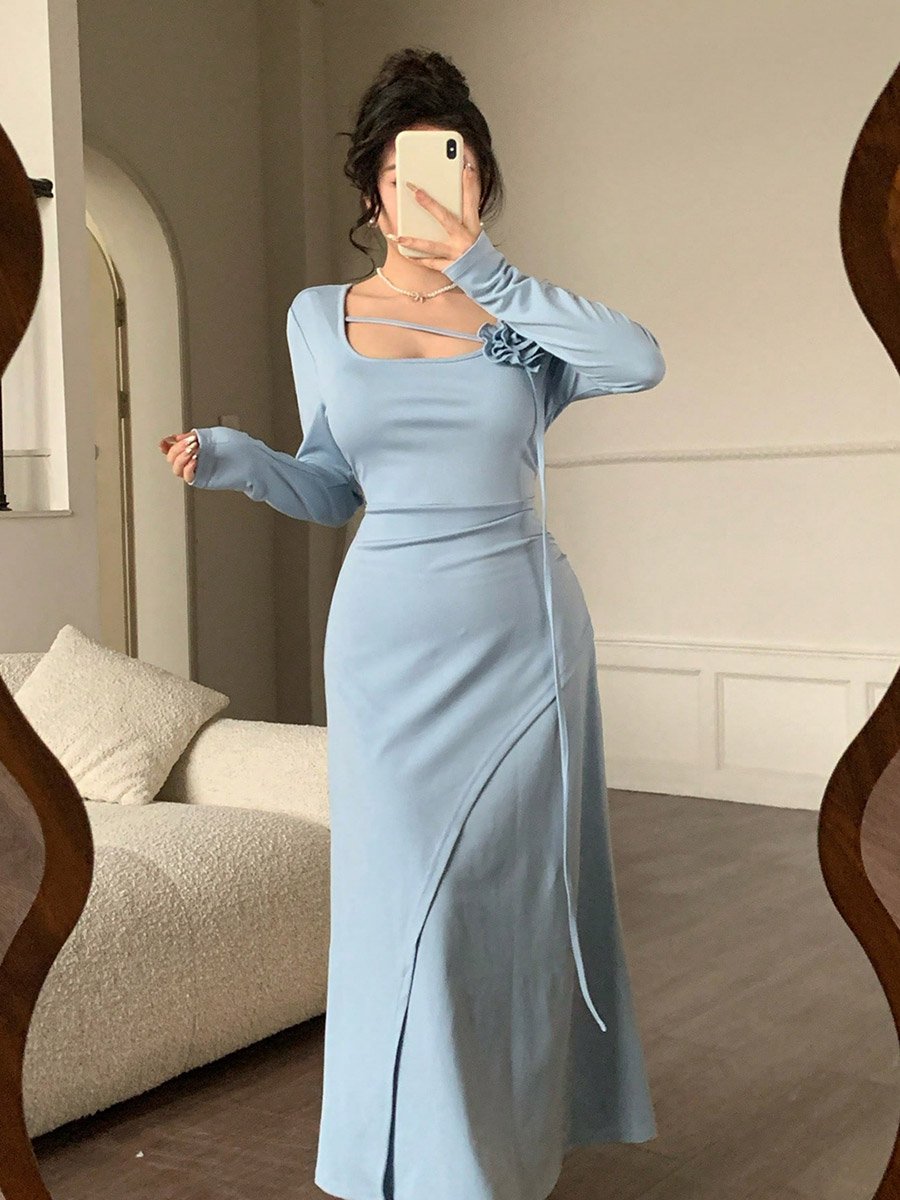 Light Blue Long Sleeves Midi Dress