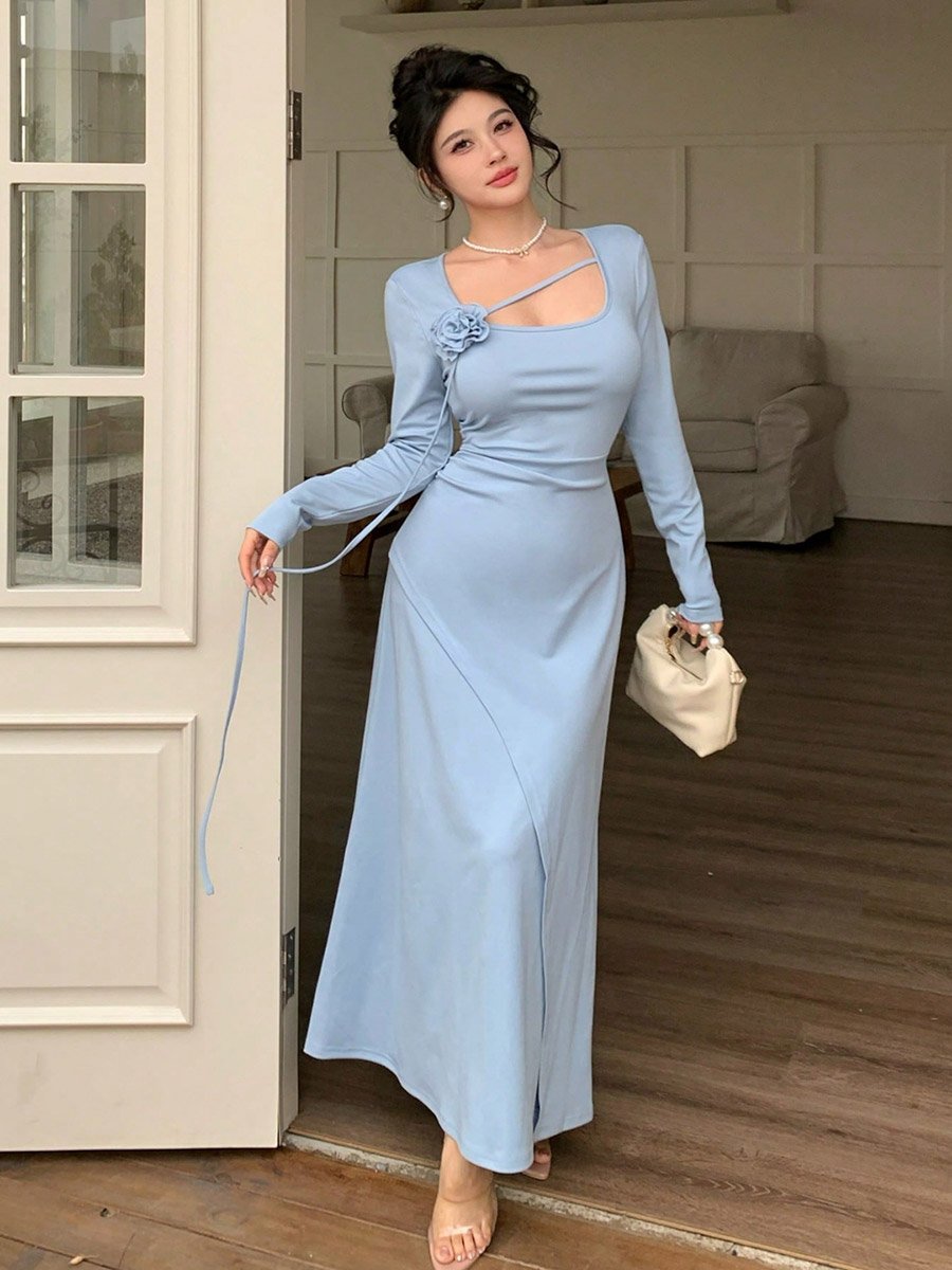 Light Blue Long Sleeves Midi Dress