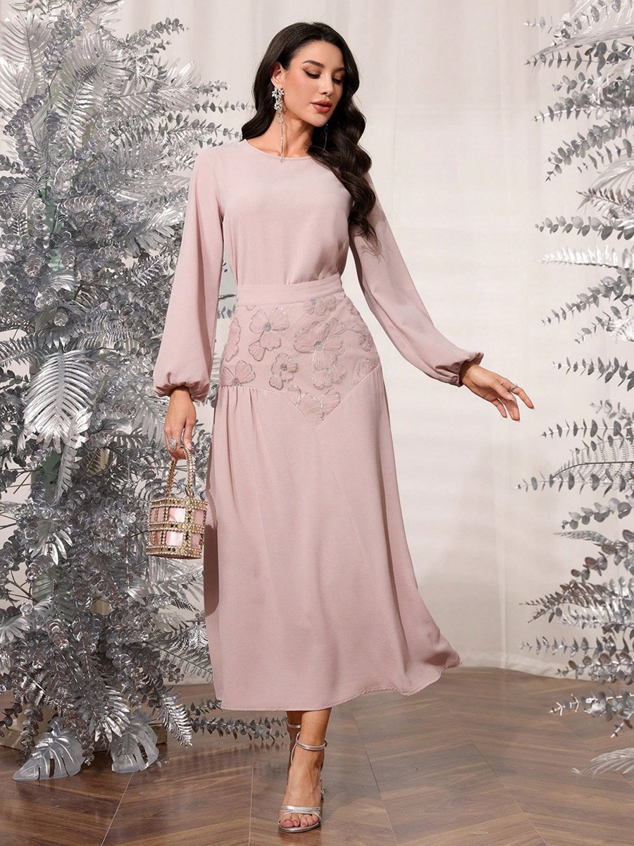 Solid Round Neck Top and Sequined Skirt Co-Ords