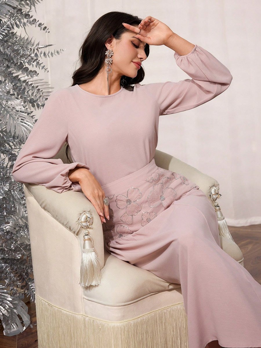 Solid Round Neck Top and Sequined Skirt Co-Ords