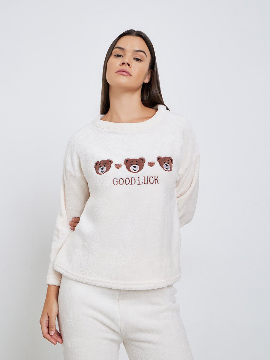 Fleece Bear Embroidery Top and Pyjama Set