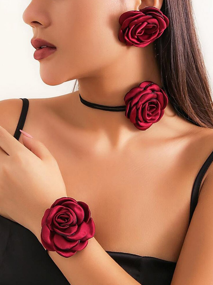 Burgundy Rose Necklace with Bracelet and Earrings Set