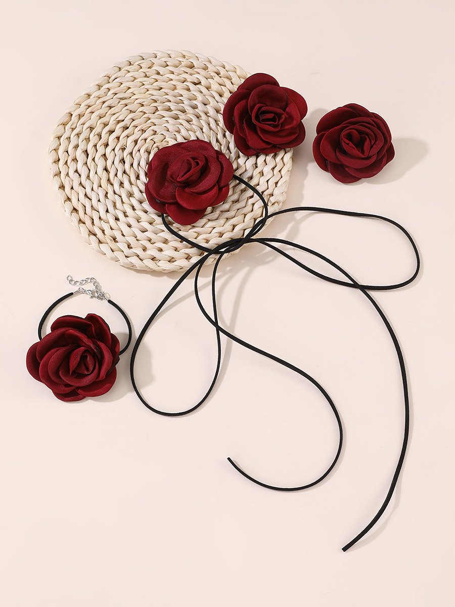 Burgundy Rose Necklace with Bracelet and Earrings Set