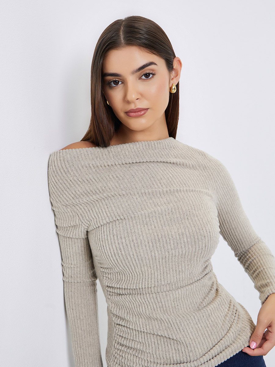Beige Draped Neck Ribbed Top