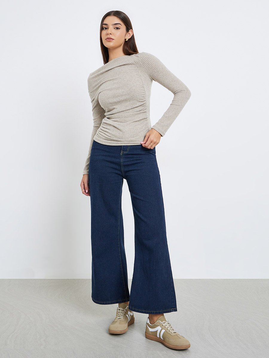 Beige Draped Neck Ribbed Top