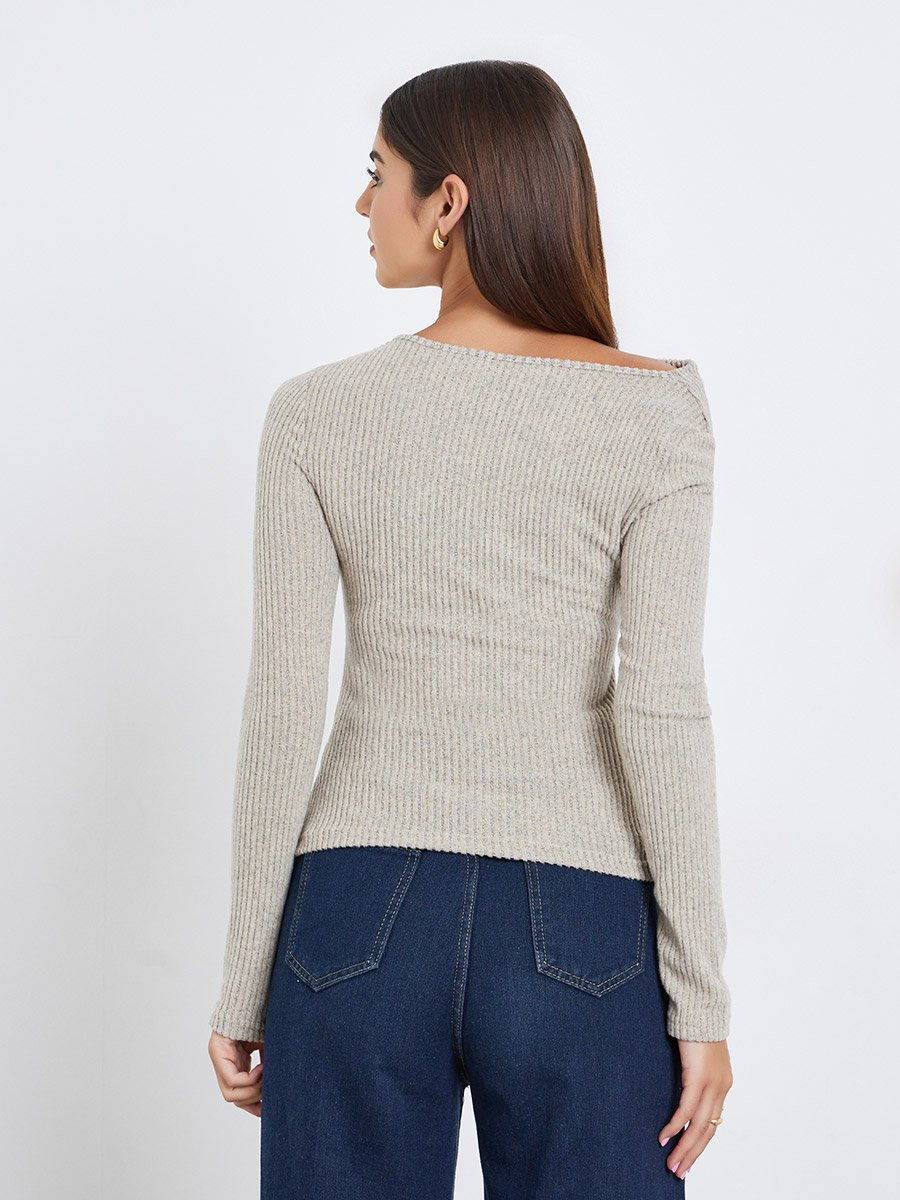 Beige Draped Neck Ribbed Top