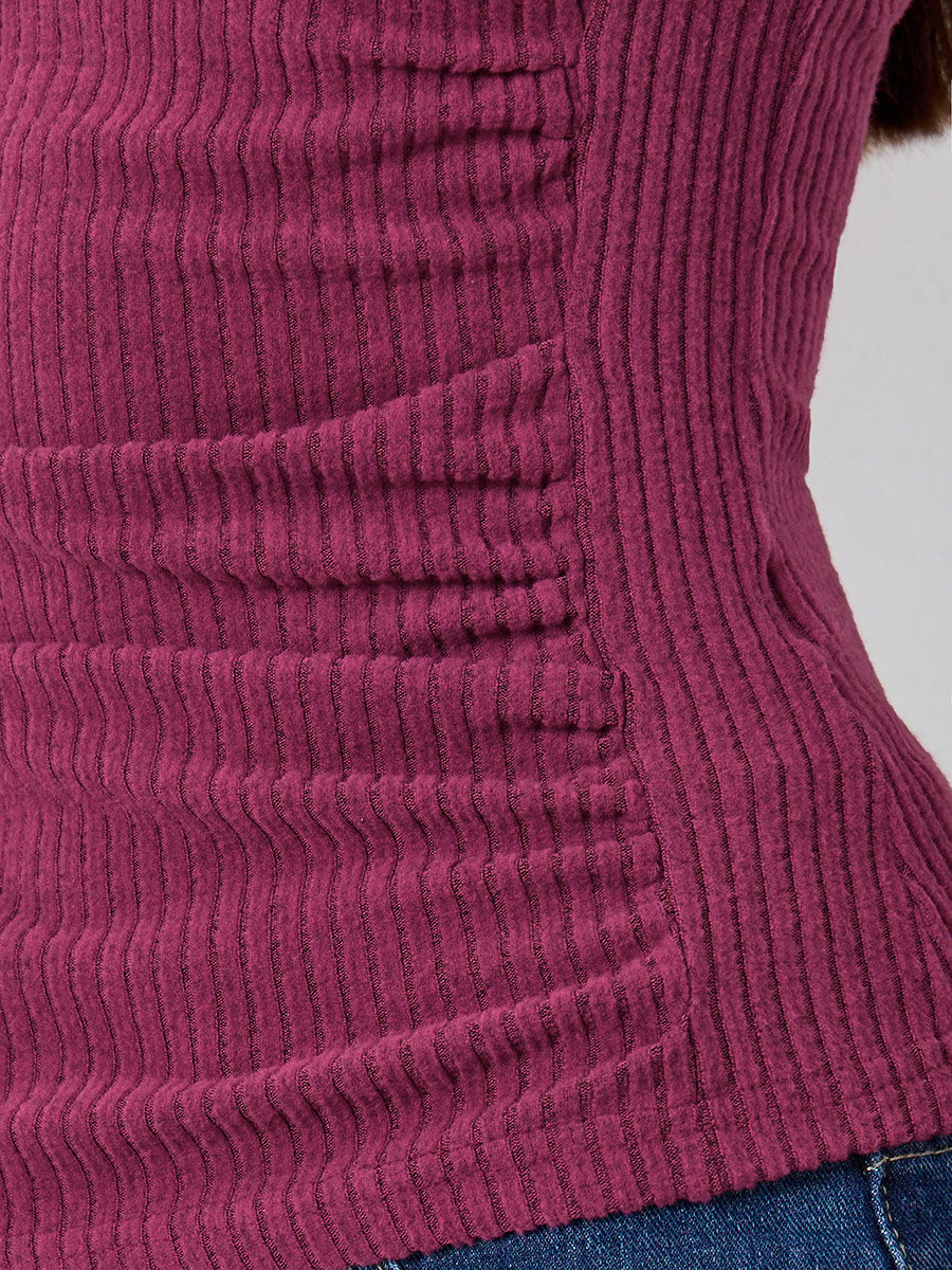 Burgundy Draped Neck Ribbed Top