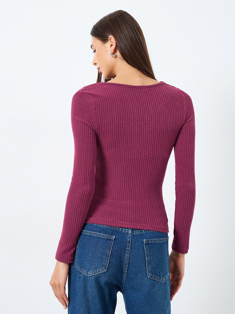 Burgundy Draped Neck Ribbed Top