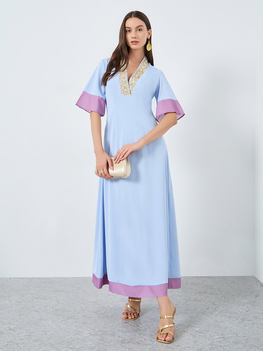Blue Color Block Sequin Detail Maxi Dress