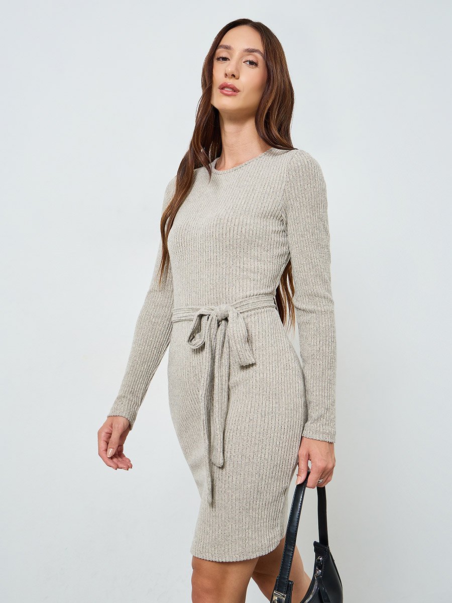 Women Long Sleeve Ribbed Bodycon Mini Dress