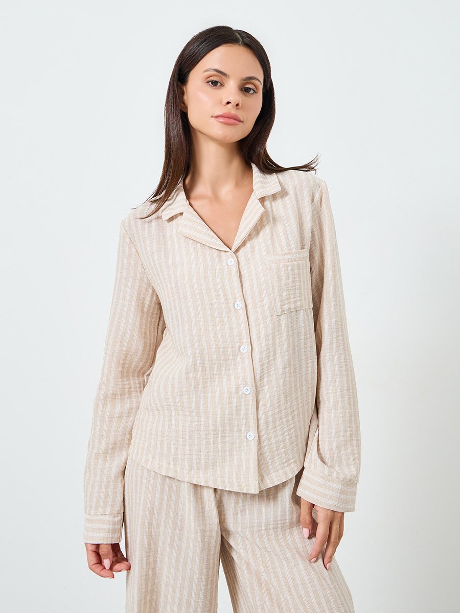 Woven Linen Look Striped Shirt and Pyjama Set