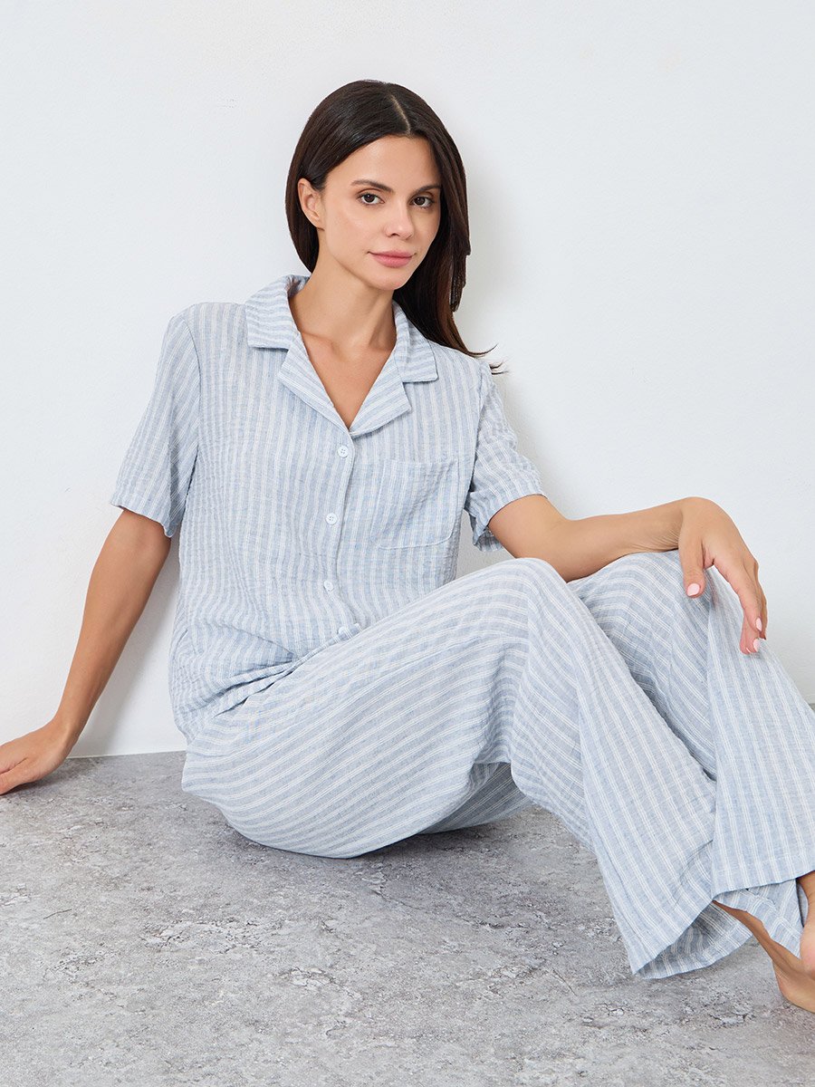 Woven Linen Look Striped Shirt and Pyjama Set