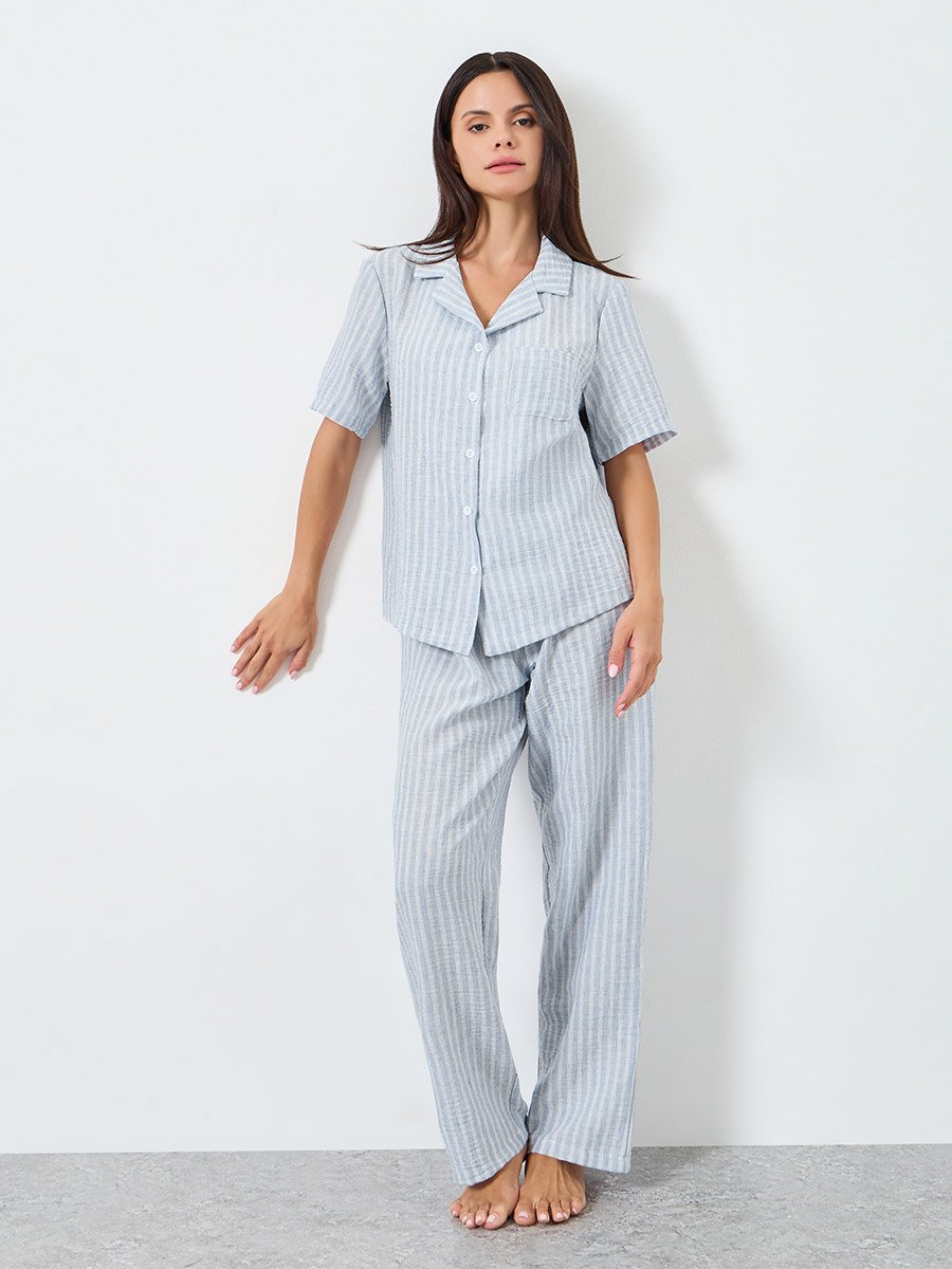 Woven Linen Look Striped Shirt and Pyjama Set