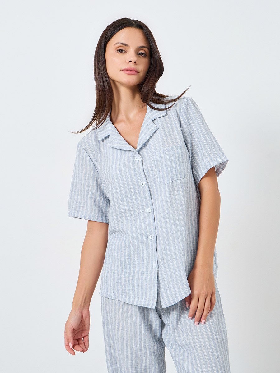 Woven Linen Look Striped Shirt and Pyjama Set