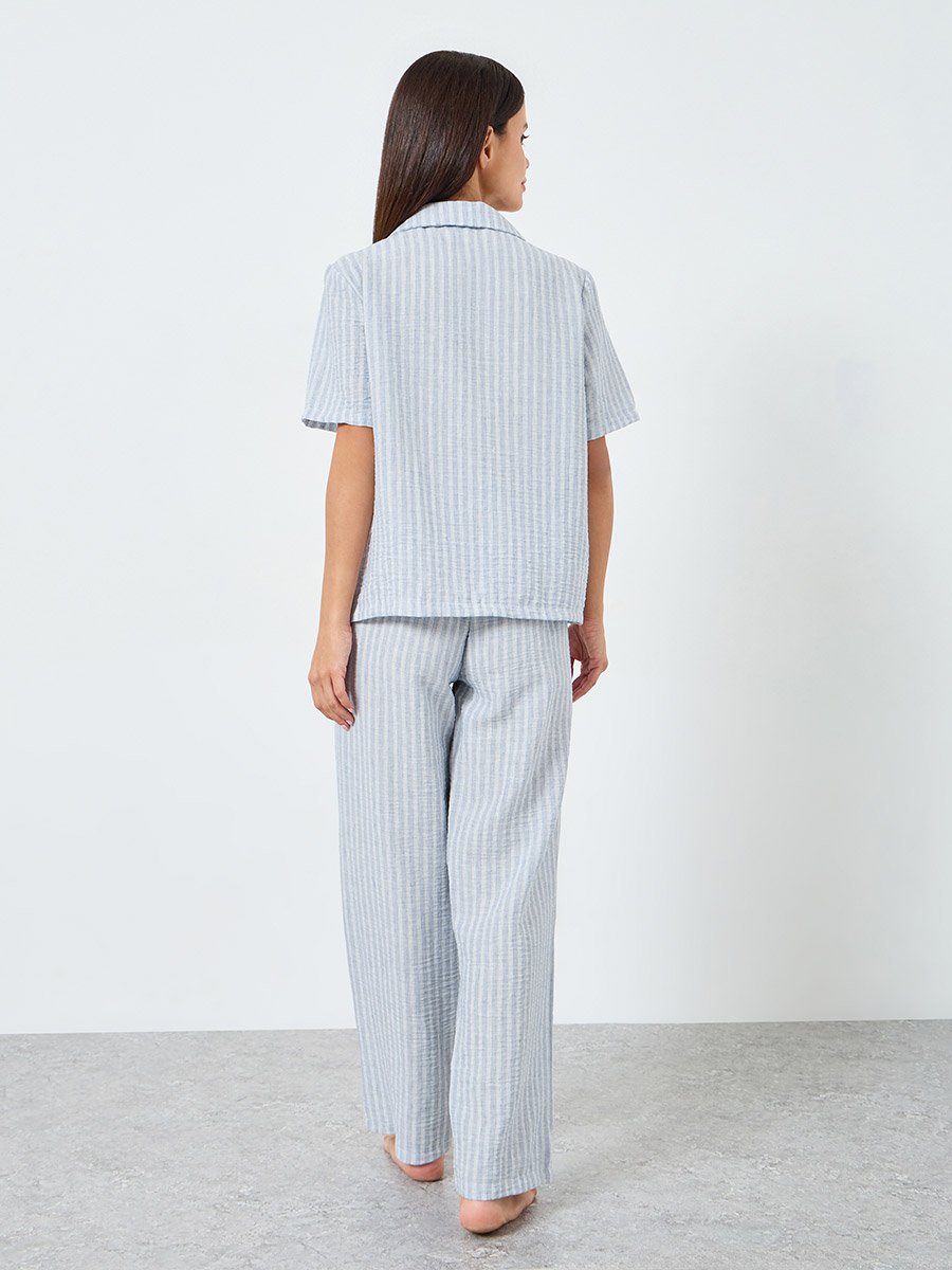 Woven Linen Look Striped Shirt and Pyjama Set