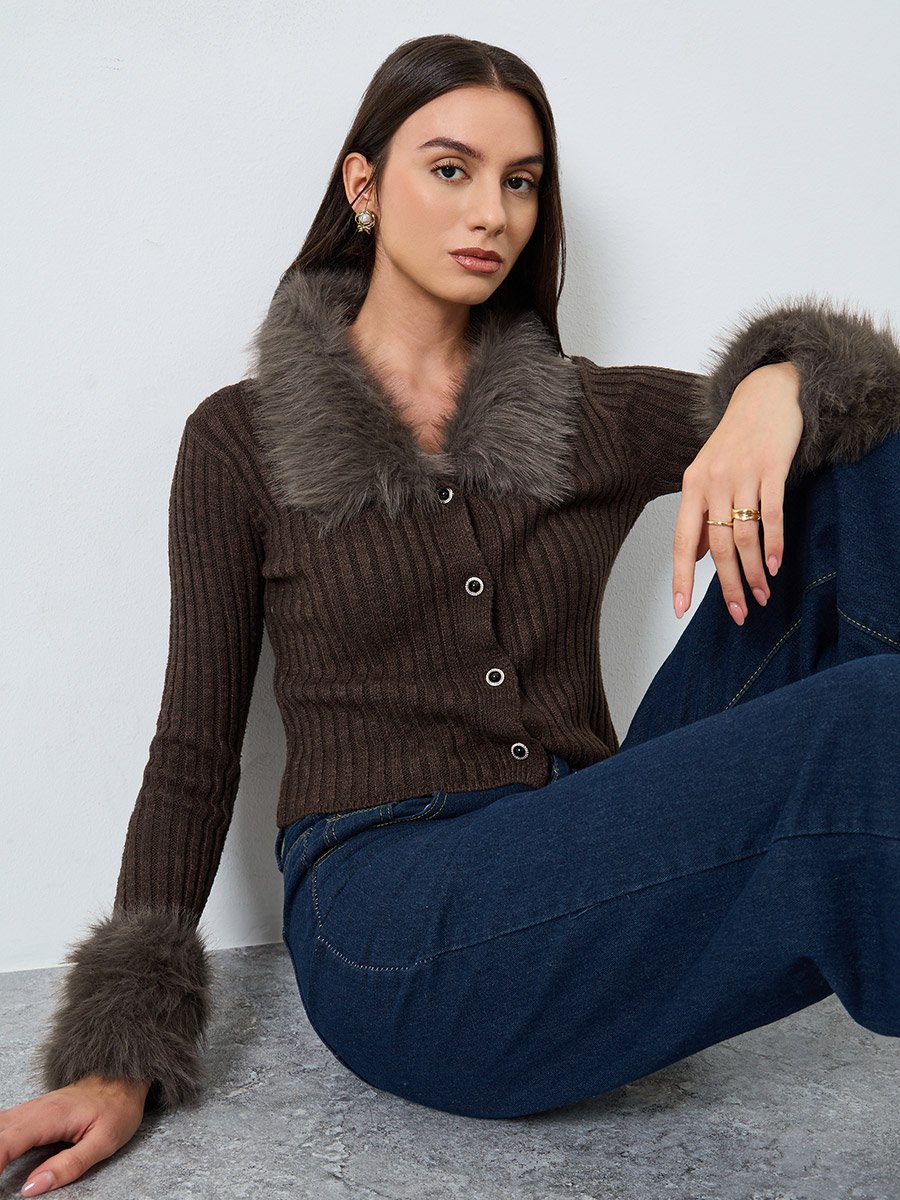 Coffee Brown Faux Fur Trim Cardigan Top
