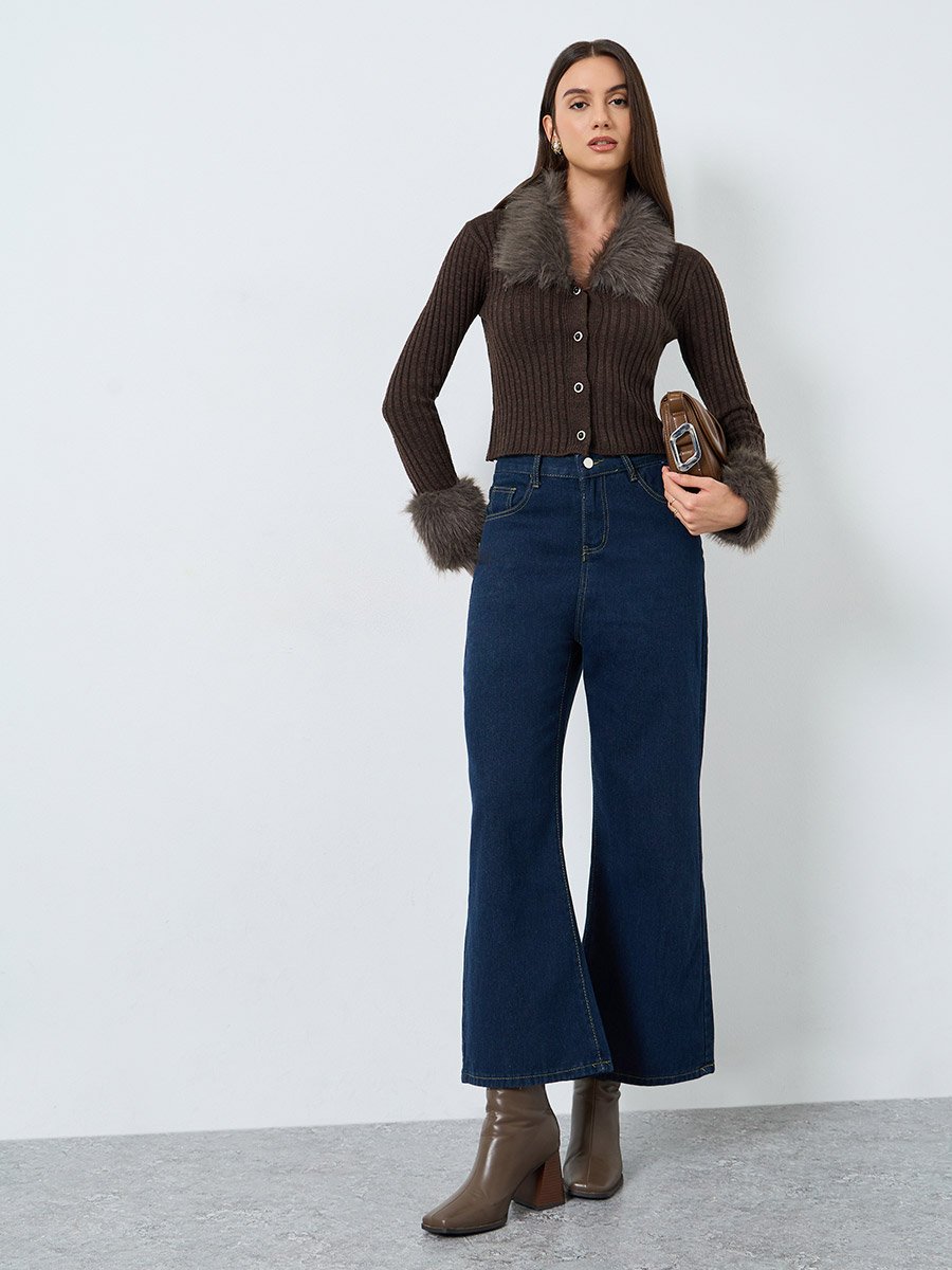 Coffee Brown Faux Fur Trim Cardigan Top