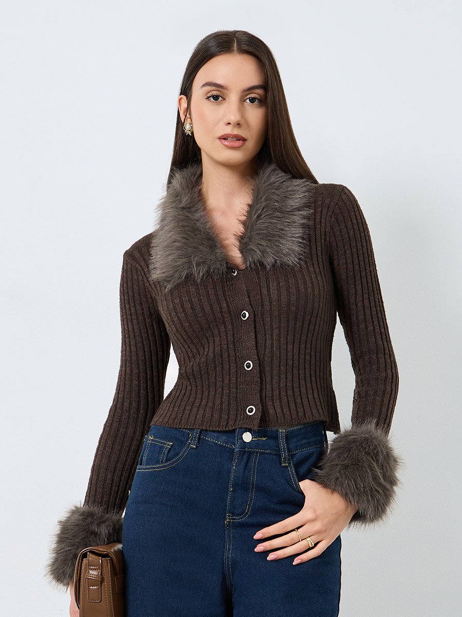 Coffee Brown Faux Fur Trim Cardigan Top