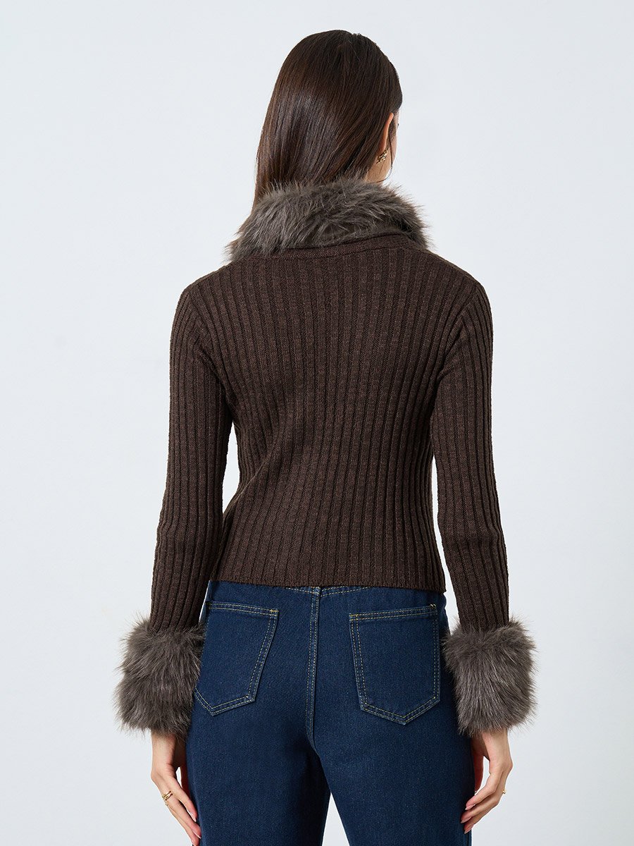 Coffee Brown Faux Fur Trim Cardigan Top