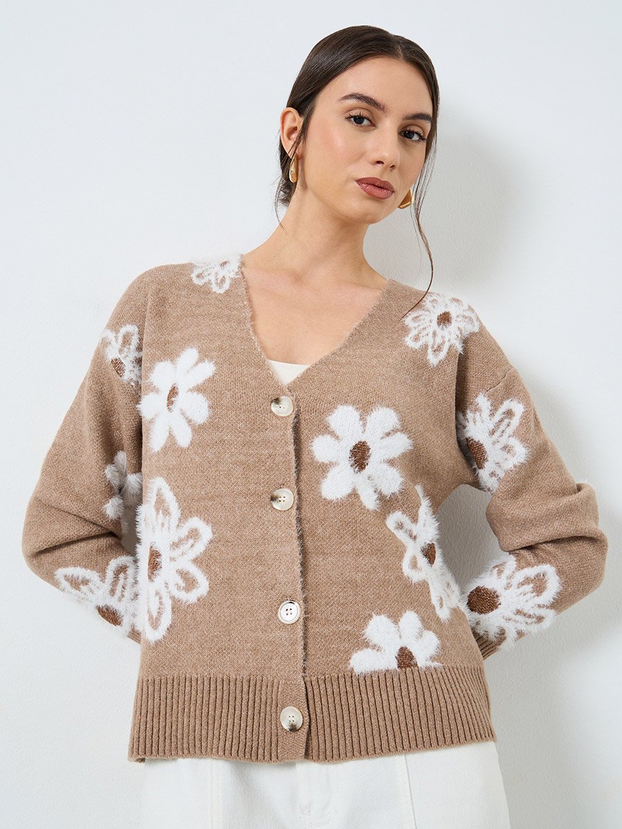 Beige Floral Pattern Furry Knit Cardigan