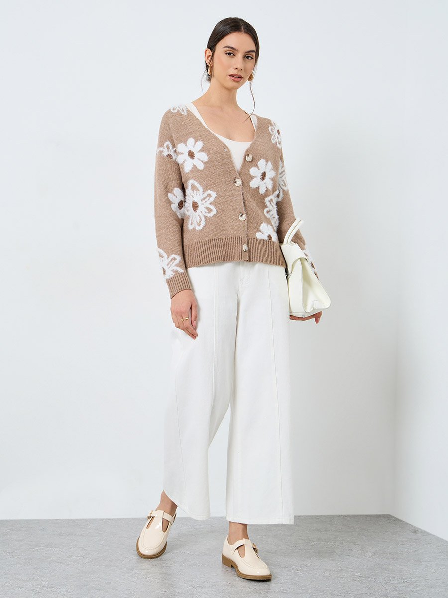 Beige Floral Pattern Furry Knit Cardigan