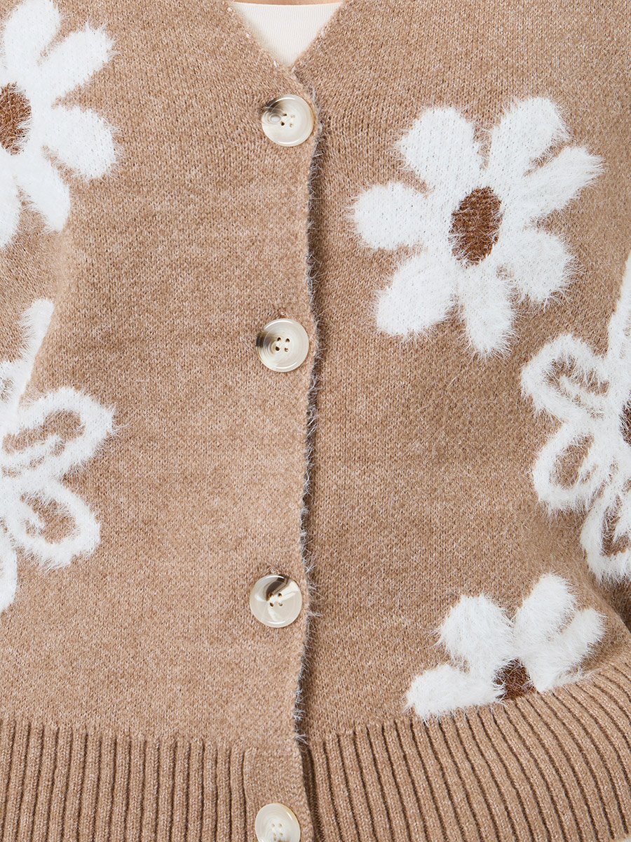 Beige Floral Pattern Furry Knit Cardigan