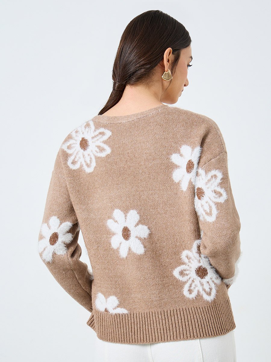 Beige Floral Pattern Furry Knit Cardigan