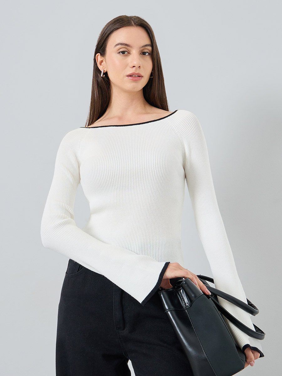 Solid Wide Neck Long Flare Sleeve Top