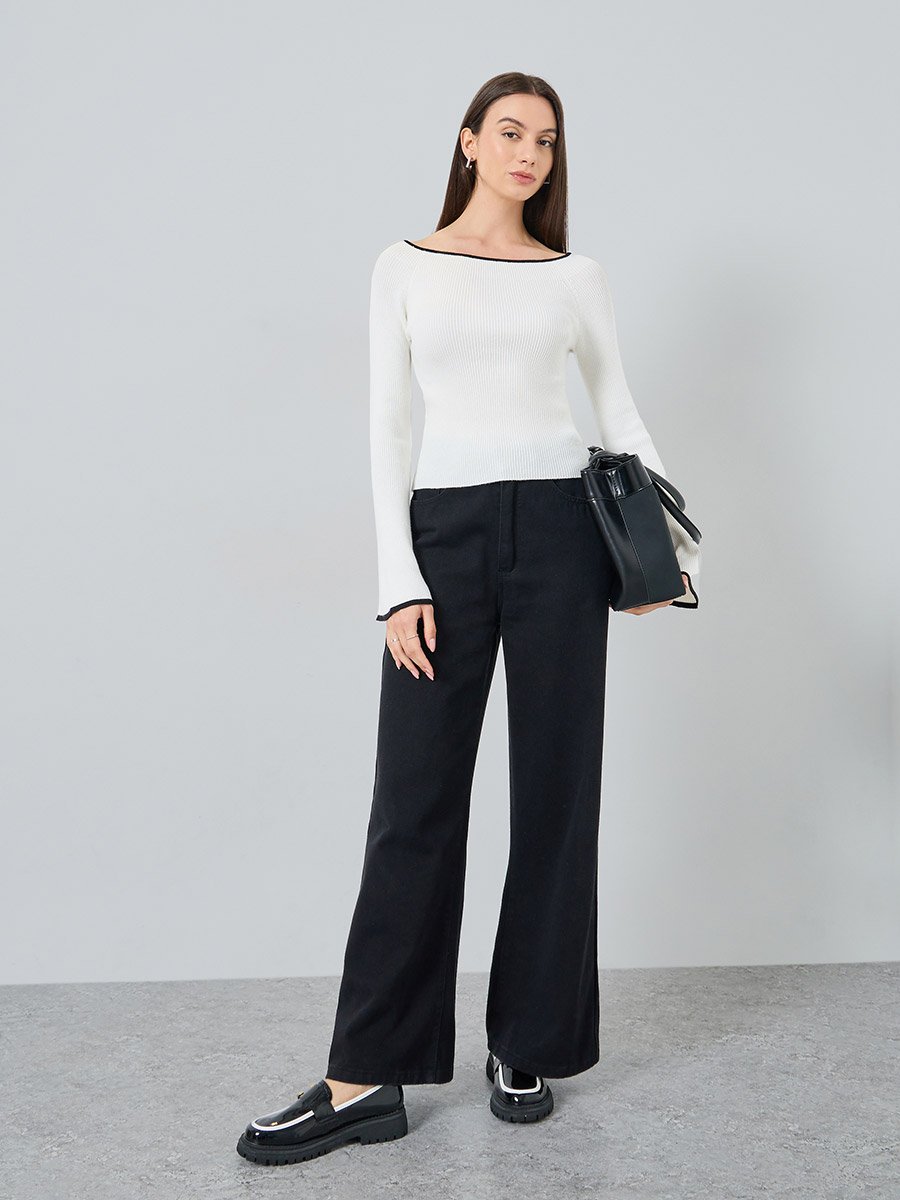 Solid Wide Neck Long Flare Sleeve Top